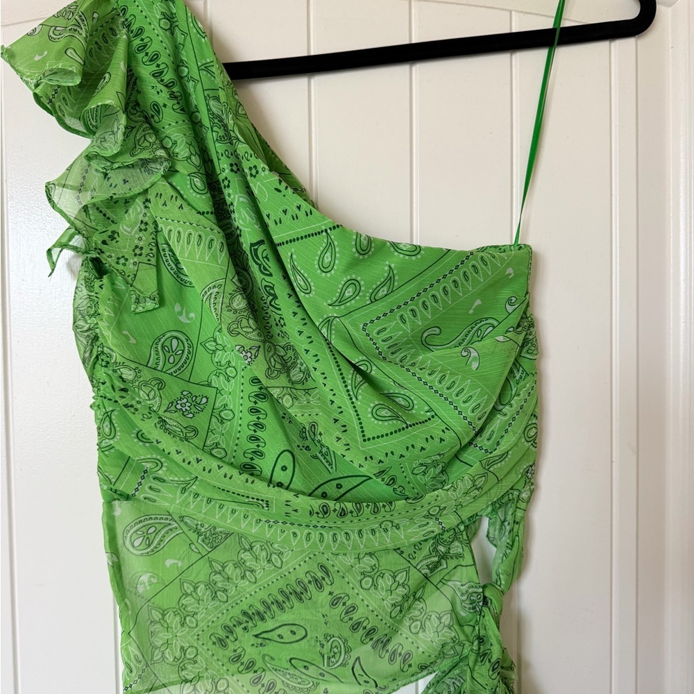 Amanda Uprichard Green One-Shoulder Paisley Ruched Top
